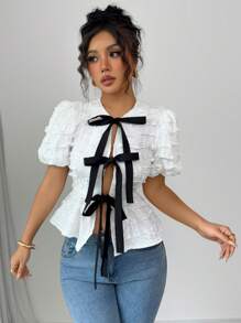 SHEIN Unity Women Contrast Color Splicing Short Sleeve Casual Top, Everyday Wear - Black and White - View 5