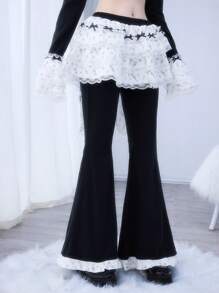 ROMWE Kawaii Women's Lace Patchwork Simple Flared Trousers, Casual Daily Wear - Black - View 3