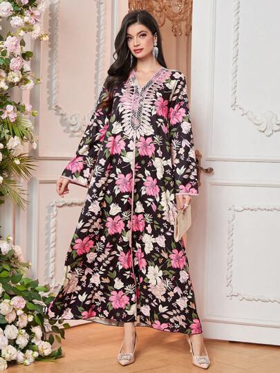 SHEIN 女士简约时尚土耳其阿拉伯传统长款束腰外衣浪漫花卉特别蕾丝长裙，日常母子装（3 件单独出售），朴素的长袍