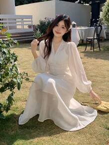 DAZY 女士V领雪纺蕾丝拼接宽松长连衣裙，秋季长袖连衣裙，及地长裙 - 杏色 - 查看 4