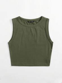 SHEIN EZwear Solid Crop Tank Top - Army Green - View 4