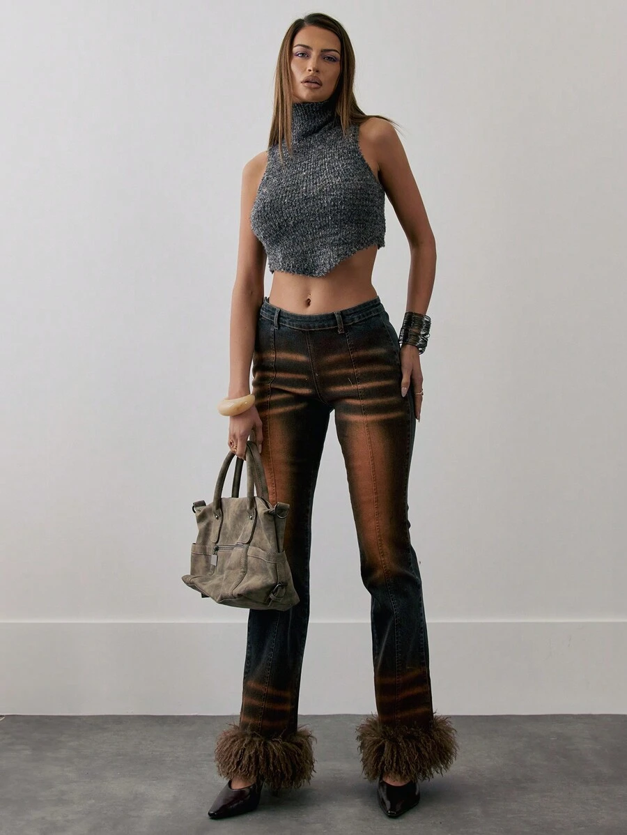 MUSERA Quần jeans ống loe cạp thấp, viền lông giả, chi tiết đường may, chất liệu denim mài, phong cách mùa xuân 90, Y2K, dễ thương, gợi cảm, sành điệu, mùa hè - màu nâu - Xem 1