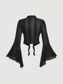 SHEIN MOD Black Lace Panel Tie-Up See-Through Plus Size Cropped Shirt, Bell Sleeve - Black - View 2