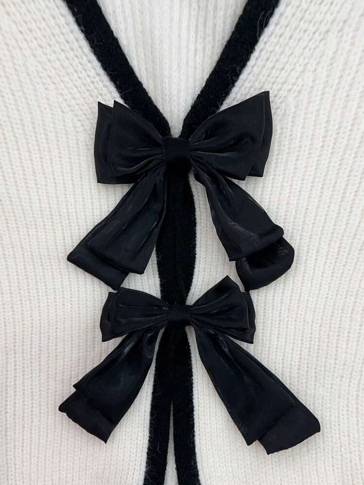 Chiquease Women's Contrast Color Trim Bow Decor Back Split Sweater, Fashion Autumn/Winter Knit Pullover Fall Outfit