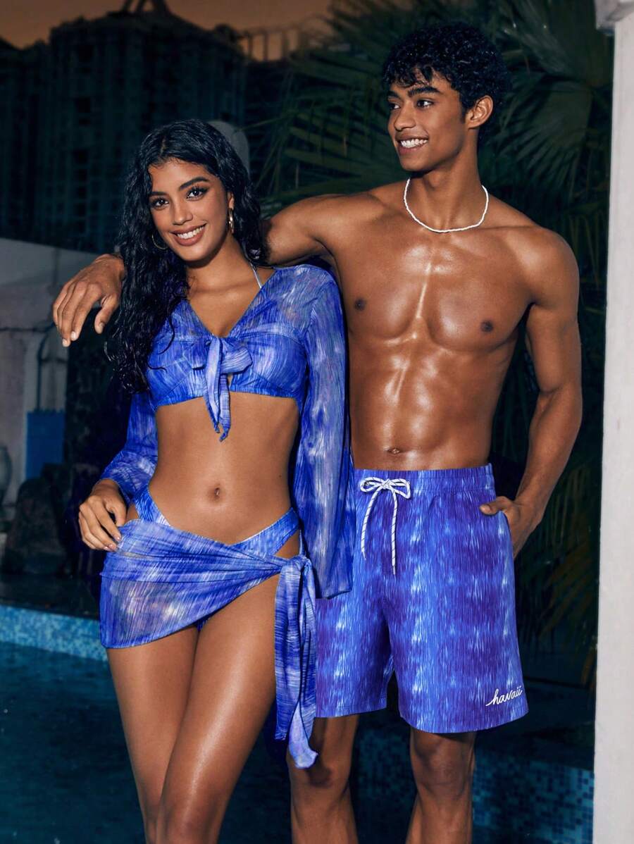 Surfspeed 男士夏季水洗字母印花束腰沙灘短褲 - 寶藍色 - 查看 1