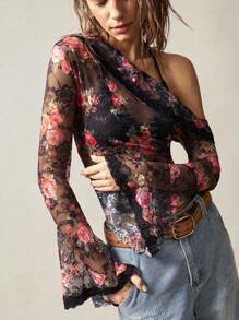Bohemela BOHO Asymmetric Neck Long Sleeve Fitted Cropped Women Blouse - Black - View 6