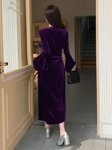 DAZY Váy midi đen ôm sát tay chuông cổ bất đối xứng thời trang dành cho nữ, trang phục mùa thu - Màu tím - Xem 3