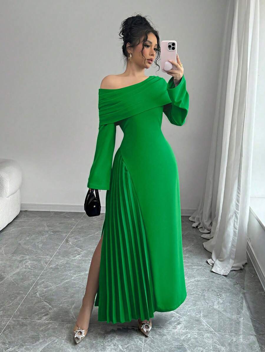 Elenzga Women's Elegant Fashion Office Lady Charming Party Oblique Shoulder Ruched Asymmetric Hem Solid Color Green Long Dress Fall Cloth For Women - Green - View 1