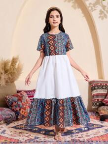 Tween 女童度假休闲拼色印花拼接连衣裙 - 彩色 - 查看 6