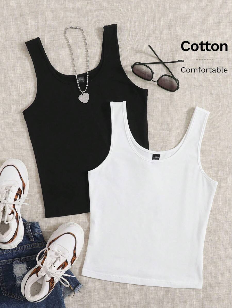 SHEIN EZwear 2pcs Solid Tank Crop Top - Black and White - View 1