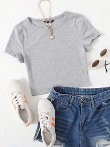 SHEIN EZwear 混色针织纯色 T 恤 - 淺灰色 - 查看 6