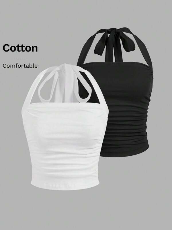 SHEIN EZwear 2pcs Solid Ruched Halter Top