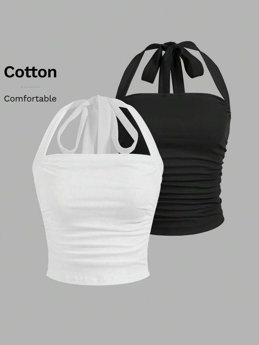 SHEIN EZwear 2pcs Solid Ruched Halter Top - Black and White - View 1