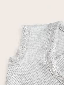 SHEIN EZwear Summer Raglan Sleeves Lace Trim Rib-Knit Tee - Grey - View 6