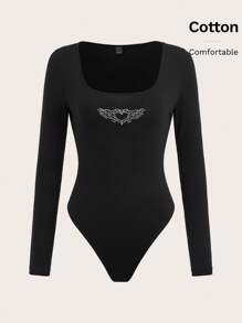 SHEIN EZwear 水鑽心和翅膀圖案方領連身背心 - 黑色 - 查看 1