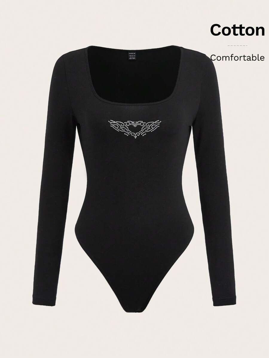 SHEIN EZwear 水鑽心和翅膀圖案方領連身背心 - 黑色 - 查看 1