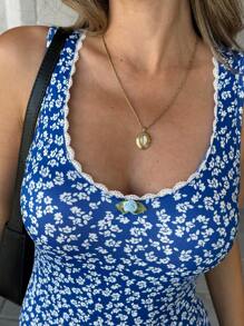 Pariaura Vestido ajustado para damas de estilo francés casual con cuello en forma de corazón y estampado sin mangas