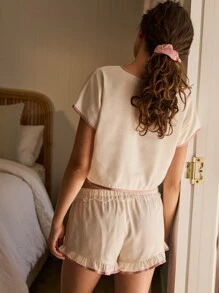 Aralina Satin Look Contrast Trim Crop Top And Ruffle Hem Short Two Pieces Sleep Set With Scrunchie - Beige - View 2
