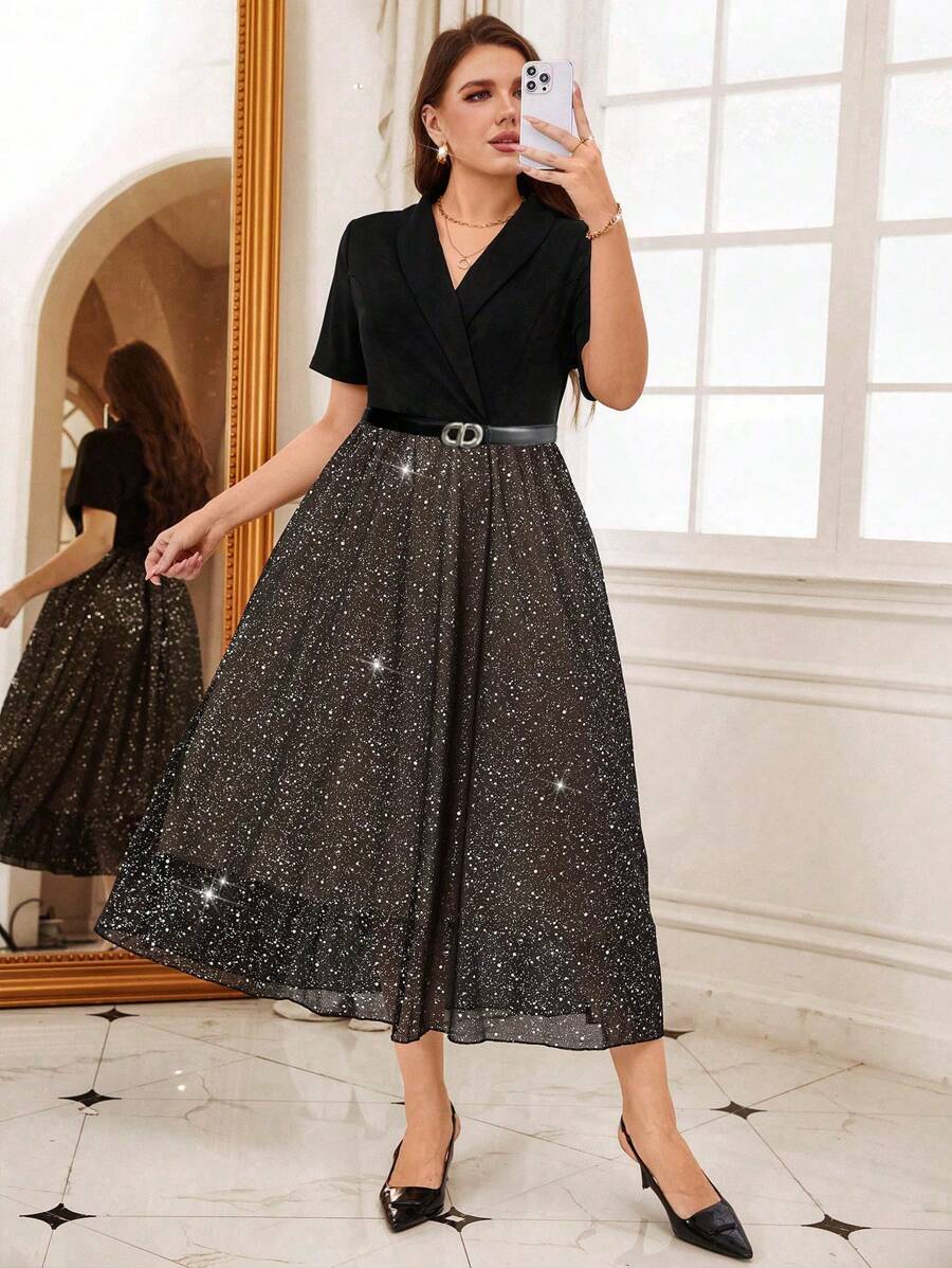 SHEIN Clasi Abito midi elegante, da donna taglie comode, con colletto, vita fasciata, inserti in rete e paillettes, adatto per feste - nero - Visualizzare 1