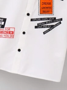 SHEIN 年轻男孩休闲街头风格字母图案圆领短袖前开襟衬衫，适合儿童服装，年轻男孩服装，返校男孩套装，适合生日派对、晚会、表演、婚礼、洗礼、开幕式、服装、日常穿着、学校、旅游、运动、春夏季节 - 卡其色 - 查看 4