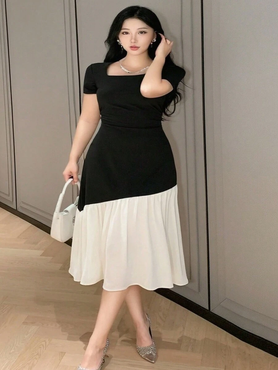Dazy Plus Plus Size Stretchy Fitted Colorblock Square Neck Dress, Spring/Summer,Casual Women Dresses - Black - View 1