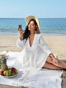 Sunnyshic Plus Size Vrouwen Diepe V-hals Volant Taille Transparante Lange Mouw Mini Kanten Jurk, Geschikt Voor Vakantie En Date
