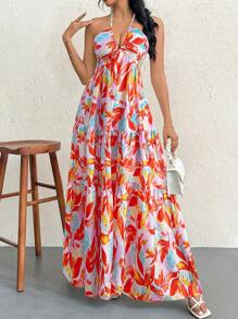 Firerie 女式花卉印花露背 V 领褶皱 A 字裙，适合夏威夷夏季海滩度假，约会/性感/优雅/度假/海滩/浪漫 - 彩色 - 查看 3