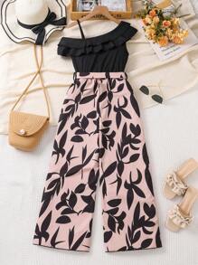 SHEIN Tween Girls Casual Strappy Ruffle Trim Printed Jumpsuit With Belt, Straight Leg, Suitable For Spring/Summer