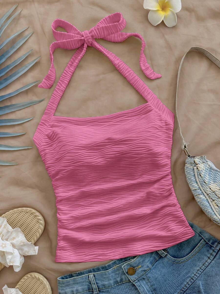 Soleia 女士领带纹理针织修身吊带背心，玫瑰红色 - 玫紅色 - 查看 1