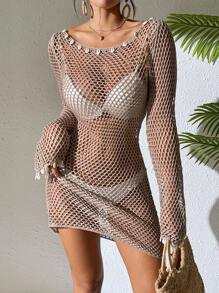 Swim Vcay 女士夏季服装 Springbreak 女士镂空透视贝壳装饰长袖喇叭袖口船领针织沙滩罩衫连衣裙 - 卡其色 - 查看 4
