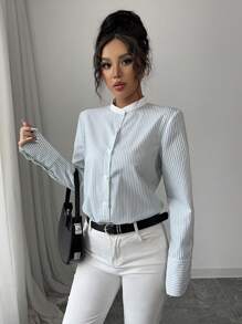 Elenzga Blusa holgada de mujer de manga larga, cuello alto y frente abierto, con diseño de rayas, elegante y de moda