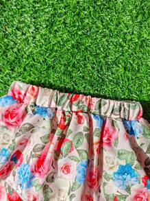 SHEIN Conjunto de Roupa Casual e Diária para Recém-nascido, Regata com Bordado de Coelhinho Fofo e Shorts com Estampa Floral Miúda, Tecido de Malha Macio, Adequado para Primavera/Verão, Férias, Atividades ao Ar Livre, Uso Casual em Casa, Ótimo para Uso Diário e Sessão de Fotos de Recém-nascidos - Rosa chiclete - Visão 6