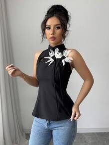 Chiquease Ärmellose Damen Bluse mit einfarbigem 3D Blumendekor im neuen chinesischen Stil