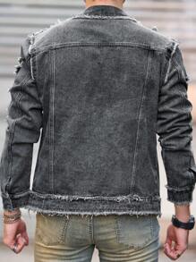 Manfinity LEGND Men's Autumn Single-Breasted Ripped Frayed Denim Jacket - Grey - View 2