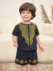 SHEIN 2pcs/Set Baby Boys Casual Traditional Pattern Round Neck Short Sleeve Top & Pants & Hat Set, Suitable For Spring/Summer Home, Outing, Party Wear - Royal Blue - View 5