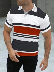 SHEIN Manfinity Dauomo Chemise polo à manches courtes homme à rayures bicolores tendance