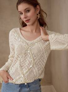 MOTF PREMIUM OPEN KNIT FLARE SLEEVE TOP - Apricot - View 14
