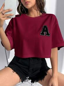 SHEIN EZwear 勃艮第针织女式短款夏季 T 恤 - 酒紅色 - 查看 5