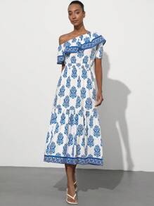 Aveloria Modichic Vestido largo tipo A elegante de vacaciones con estampado vintage, corte de cintura marcado, hombros con volantes y contraste de color azul para mujeres