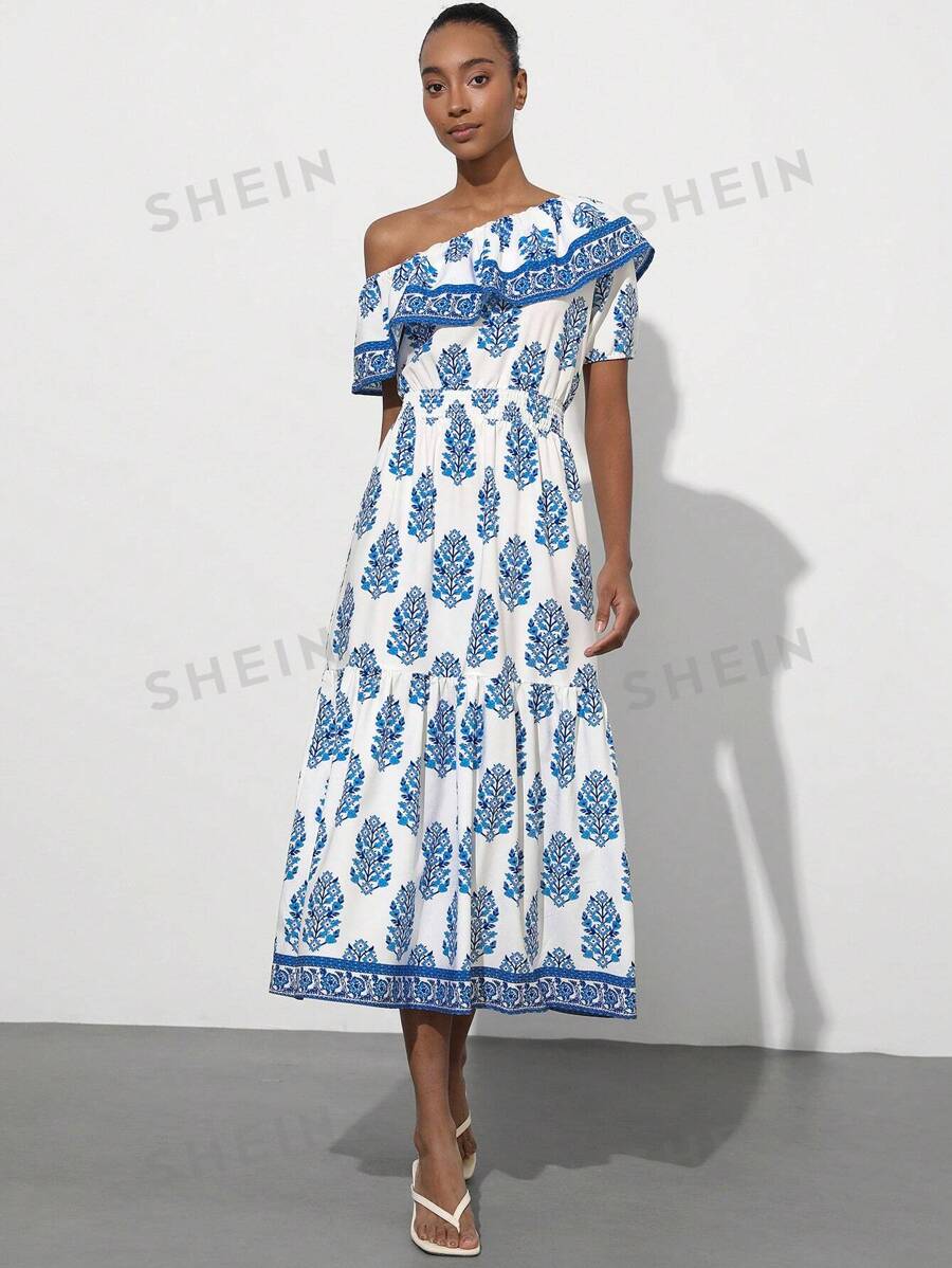 Aveloria Modichic Vestido largo tipo A elegante de vacaciones con estampado vintage, corte de cintura marcado, hombros con volantes y contraste de color azul para mujeres