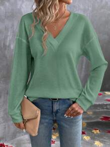 SHEIN LUNE Áo thun nữ tay dài cổ chữ V trễ vai màu trơn, thường ngày, mùa thu - màu xanh lá - Xem 7