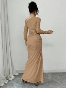 Elenzga 女士优雅通勤连衣裙，不对称领口，腰部收褶，荷叶边下摆，纹理针织，长袖纯色长裙