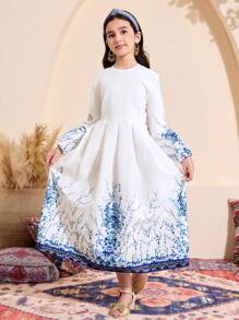 Tween Girl Digital Print Long Sleeve Dress - White - View 1