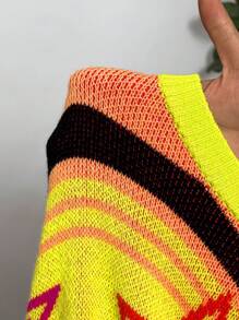 Slaydiva Plus Size Women Colorblock Striped & Star Pattern Sweater, Casual Autumn/Winter - Multicolor - View 8