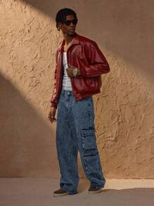 Forever 21 Men's Stonewashed Straight Leg Cargo Jeans With Utility Flap Pockets, Autumn And Winter Pants - Royal Blue - View 6