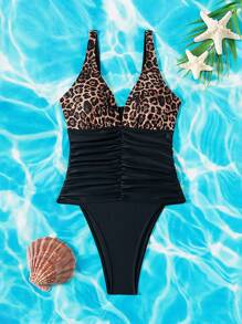 Summer Beach Vacation Outfit For Women Leopard Print Ruched One-Piece - Multicolor - View 6
