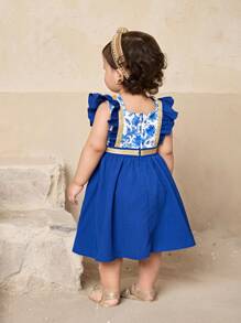 SHEIN Baby Girl Cute Floral Print Mini Dress, Vacation Style, Summer - Blue - View 2