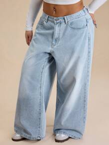 Forever 21 Spring New Fashion Low Waist Loose Wide Leg Casual Commuting High Street Minimalist Light Blue Washed Vintage Versatile Plus Size Women Jeans