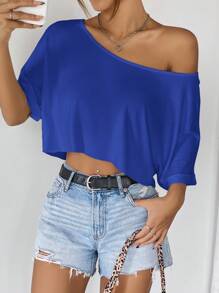 SHEIN EZwear Navy Blue Off-Shoulder Loose Knit T-Shirt For Women
