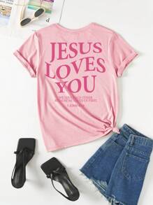 女士休闲标语印花短袖 T 恤耶稣爱你我们彼此相爱因为他先爱我们约翰一书 419 图案 T 恤女士上衣 - 淺粉色 - 查看 3